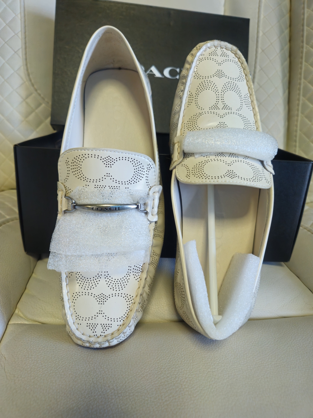 Coach Men’s White Perforated Leather Driving Loafers Authentic